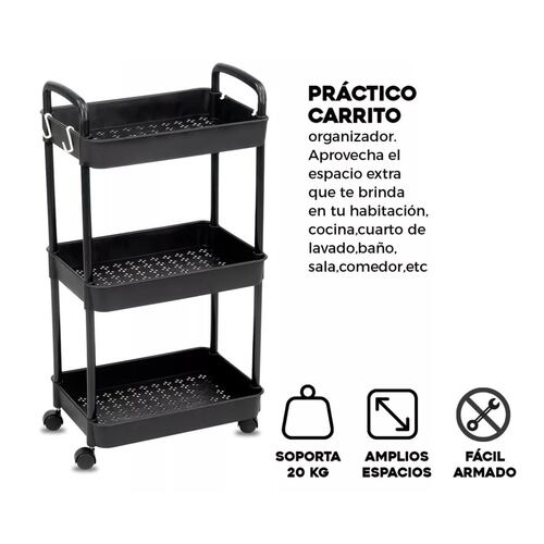 Carrito Auxiliar Organizador Multiusos 3 Niveles Plastico Negro