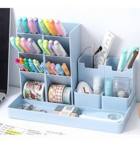 Organizador De Escritorio C/compartimentos Plumones Lapices Azul
