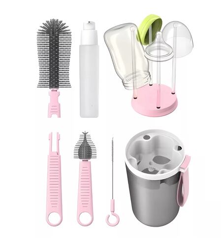 kit De Limpieza Juego De Cepillo De Viaje Para Biberón, 6 En1 Rosa con Gris 