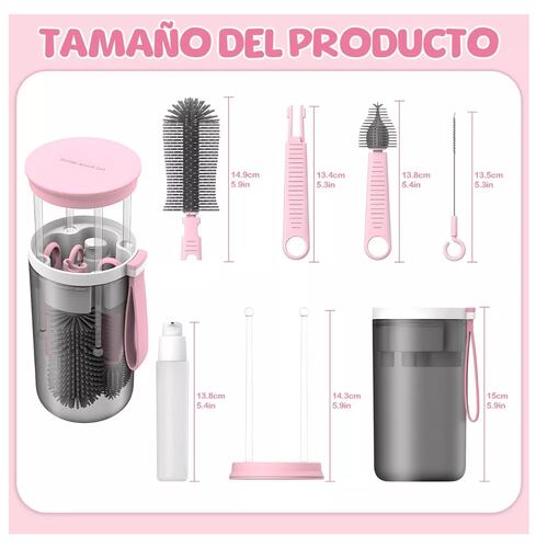 kit De Limpieza Juego De Cepillo De Viaje Para Biberón, 6 En1 Rosa con Gris 