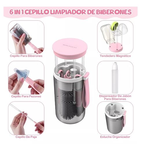 kit De Limpieza Juego De Cepillo De Viaje Para Biberón, 6 En1 Rosa con Gris 