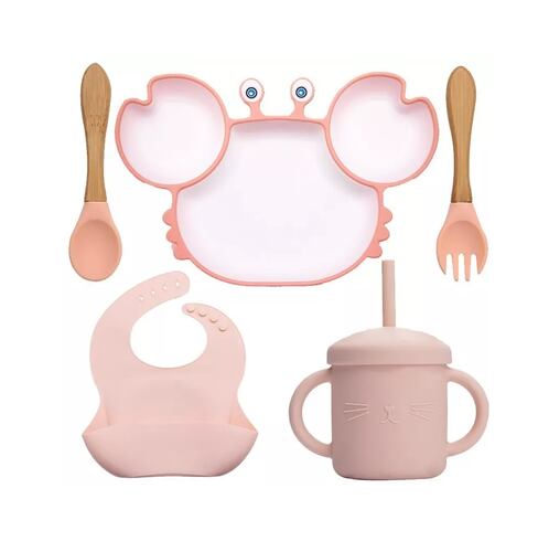 KIT PARA COMIDA DE BEBÉ PLATO DISEÑO CANGREJO ROSA 6 PIEZAS