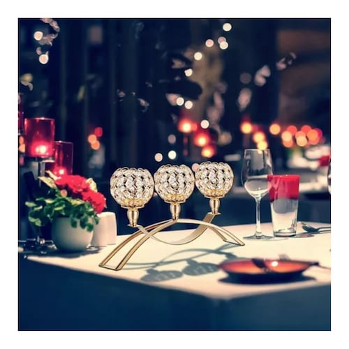 Candelabro Portavelas Cristal  con 3 Brazos Dorado
