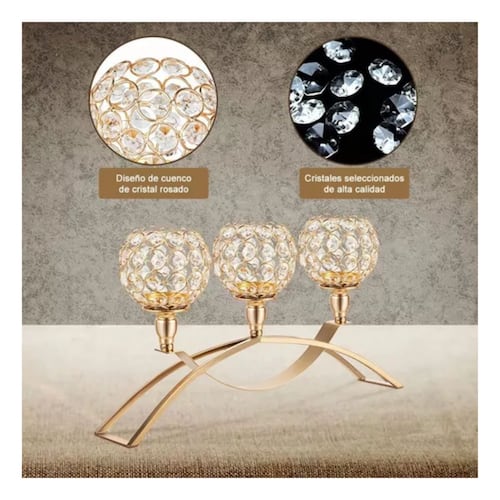 Candelabro Portavelas Cristal  con 3 Brazos Dorado