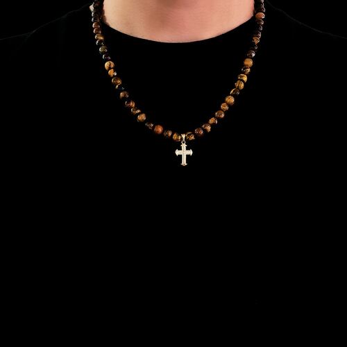 Collar cruz oro 10k hombre piedra ojo de tigre  .