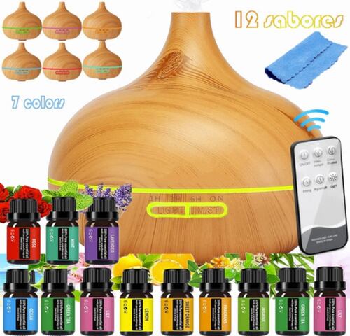 Difusor De Aroma Ultrasonico 550ml Con 12 Aceite Esencia Diseño de Madera 