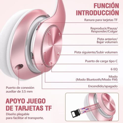 Audífonos De Diadema Inalámbricos Bluetooth Rosa 