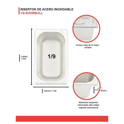 Inserto Acero Inoxidable Con Tapa  1/9 10 CM Cocina Shorbull.