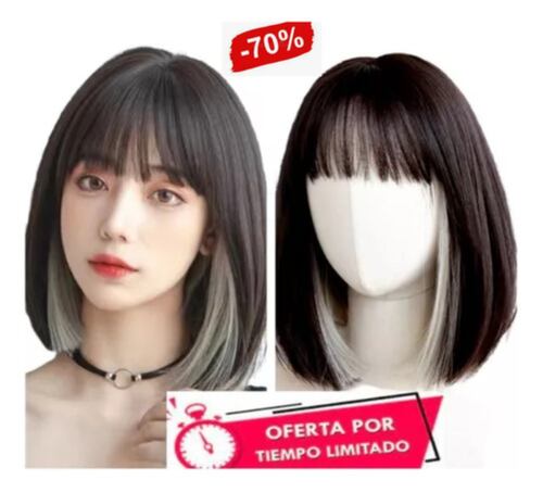 Peluca Natural  Negra Y Blanca Corta 32 cm 