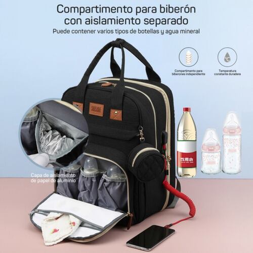 Mochila Pañalera Multifunción Plegable Con Mosquitero Negra 