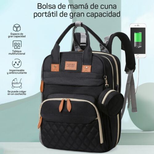 Mochila Pañalera Multifunción Plegable Con Mosquitero Negra 