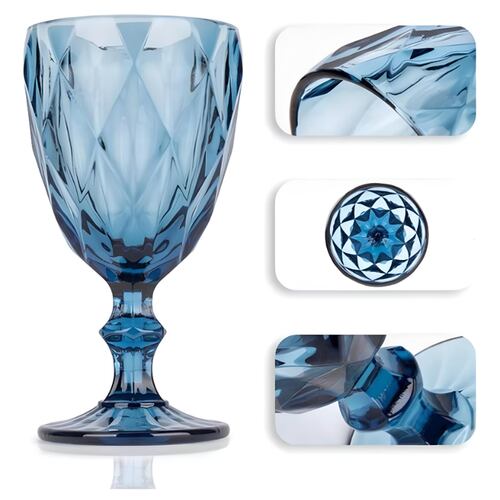 Juego 6 Copas Vino Agua Cristal Labrado Vidrio Color Vintage azul