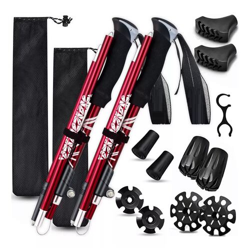 Set 2 Bastón Trekking Plegable Ligero Senderismo Escalar Caminar Rojo