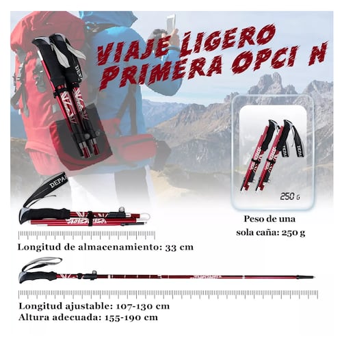 Set 2 Bastón Trekking Plegable Ligero Senderismo Escalar Caminar Rojo