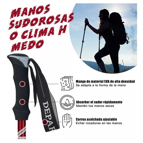 Set 2 Bastón Trekking Plegable Ligero Senderismo Escalar Caminar Rojo