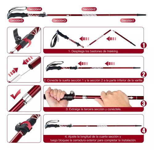 Set 2 Bastón Trekking Plegable Ligero Senderismo Escalar Caminar Rojo