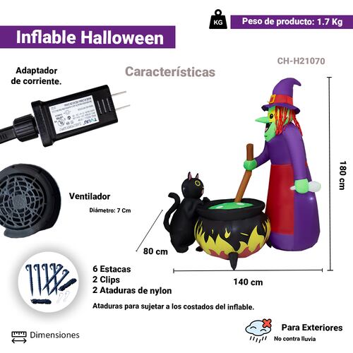 Inflables De Halloween en Forma de Bruja con caldero 1.80cm Grande con Luces LED