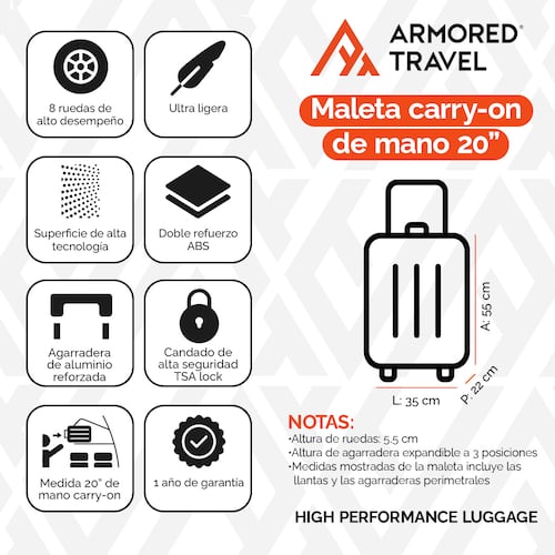 Maleta de viaje Carry On de mano cabina 20 pulgadas 10 kg ABS doble calibre candado de alta seguridad TSA LOCK Rosa Armored Travel