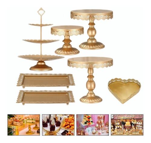 Juego De Soportes De Metal Para Pasteles Y Postres, 7 Pzs. Dorado