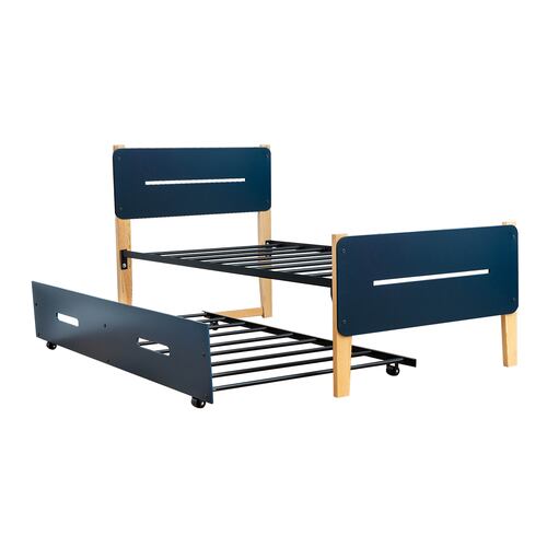 Cama Doble Individual Juno | Cama Baja Deslizable Con Ruedas Azul Marino