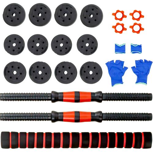 Mancuernas Ajustables 12 Pesas Set Barra Recta 20 Kg Guantes