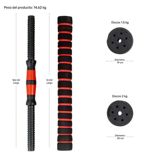 Mancuernas Ajustables 8 Pesas Set Barra Recta 15 Kg Guantes