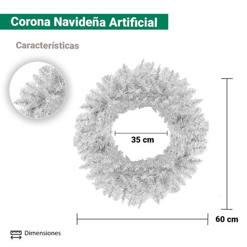 Corona Navideña Blanca Pino Adorno Artificial 60 Cm Diametro