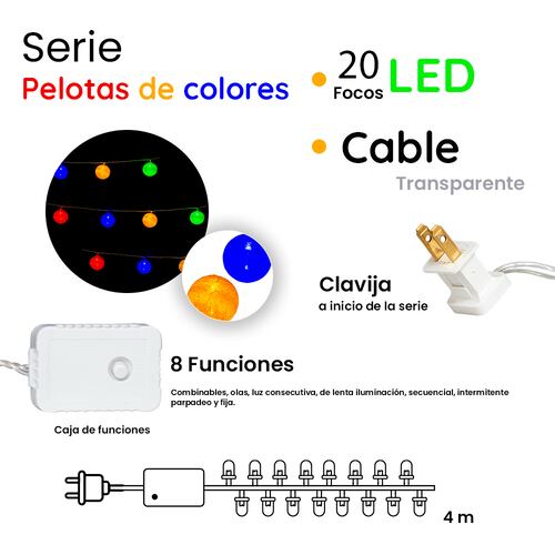 Serie Navideña Pelotas Colores 20 Luces Led Multicolor 4mts