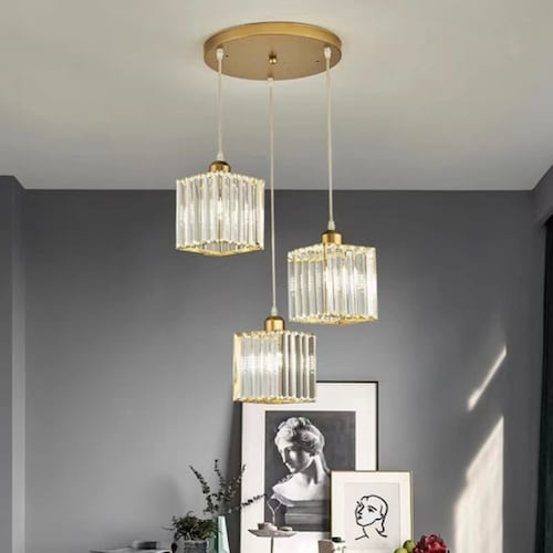 Lámpara Colgante De Techo Cristal Moderna Decorativa 3 Cabez Dorado Cuadrado