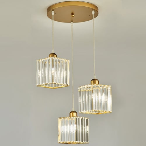 Lámpara Colgante De Techo Cristal Moderna Decorativa 3 Cabez Dorado Cuadrado