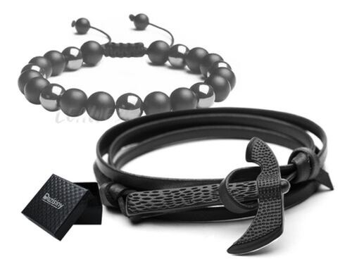 Brazalete De Cuentas Obsidiana Y Pulsera Hombre Hacha 2 Pzs Negro
