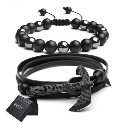 Brazalete De Cuentas Obsidiana Y Pulsera Hombre Hacha 2 Pzs Negro