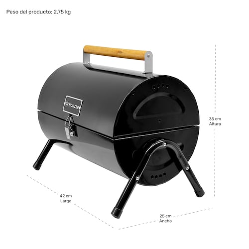 Asador Carbon Portatil Tipo Barril Negro 2 Parrillas 42x35