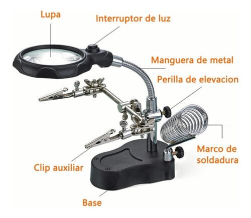 Lupa Con Led Pinza Base Para Cautín Reparacion Electrónicos Negro
