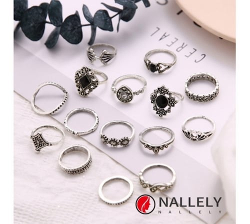 Set De 15 Anillos Piedra Negra Gótico Tribal