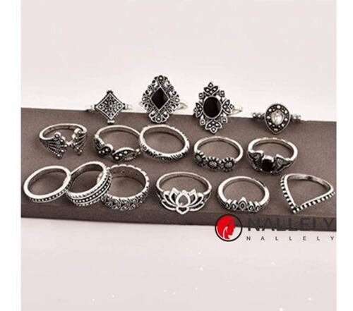Set De 15 Anillos Piedra Negra Gótico Tribal