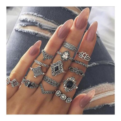 Set De 15 Anillos Piedra Negra Gótico Tribal