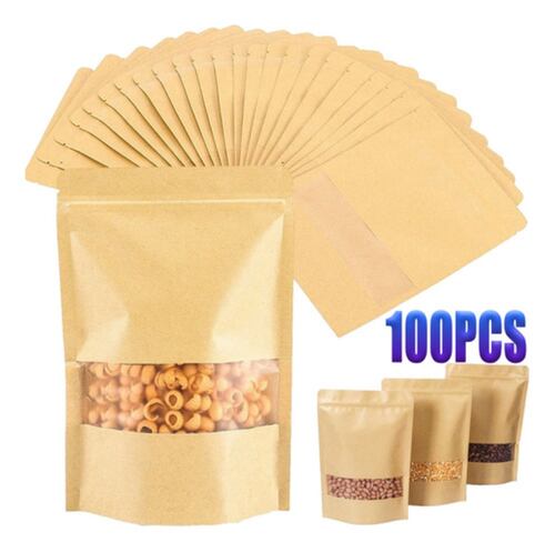 100 Bolsas Stand Up Pouch Kraft Con Ventana Para 250g Cafe