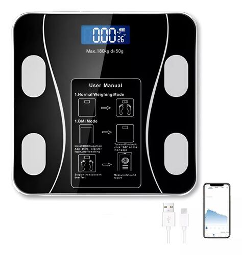 Báscula  Electrónica Led con bluetooth con App para medir grasa corporal, peso, masa muscular, edad metabólica negra.
