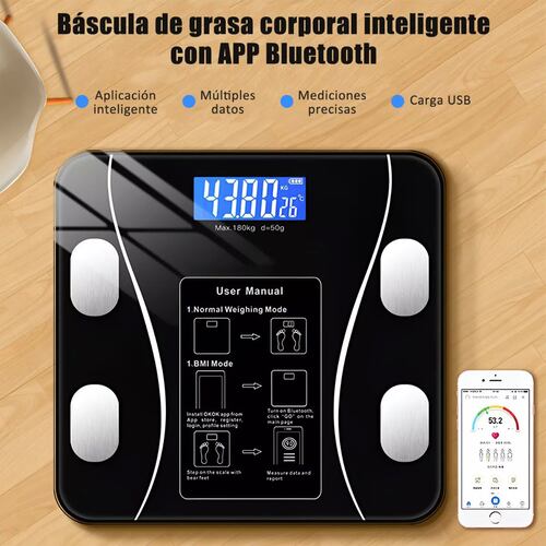 Báscula  Electrónica Led con bluetooth con App para medir grasa corporal, peso, masa muscular, edad metabólica negra.