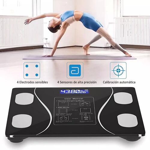 Báscula  Electrónica Led con bluetooth con App para medir grasa corporal, peso, masa muscular, edad metabólica negra.