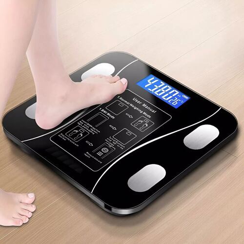 Báscula  Electrónica Led con bluetooth con App para medir grasa corporal, peso, masa muscular, edad metabólica negra.