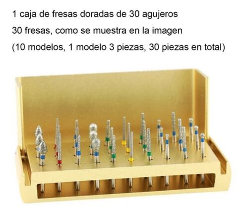 30 Pzs Fresas Diamante Dental Desinfección Pulido Plata Estuche Dorado