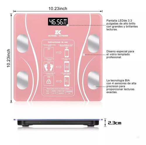 Báscula Electrónica Led con bluetooth con App para medir grasa corporal, peso, masa muscular, edad metabólica rosa.