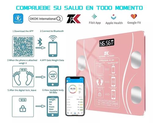 Báscula Electrónica Led con bluetooth con App para medir grasa corporal, peso, masa muscular, edad metabólica rosa.