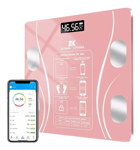 Báscula Electrónica Led con bluetooth con App para medir grasa corporal, peso, masa muscular, edad metabólica rosa.