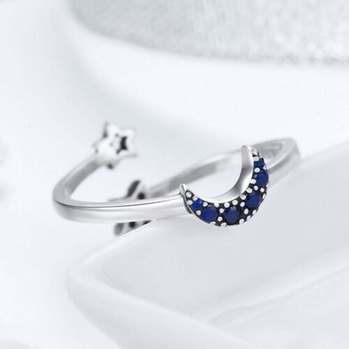 Anillo Plata 925 Brillante Estrella Luna Azul Marino