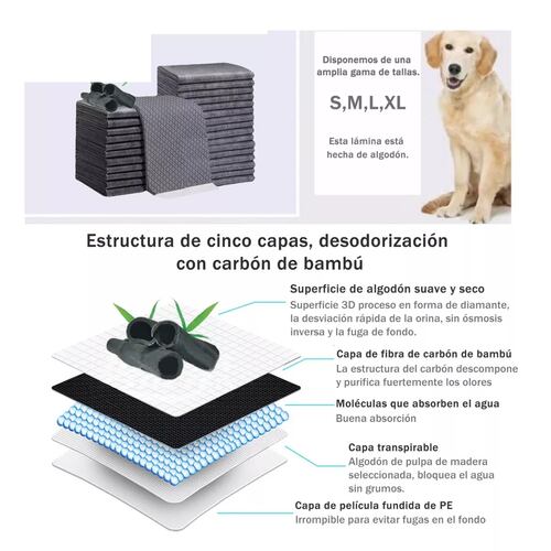 Paquete 100 Pañales Tapete Entrenador Para Perro Carbón Bambú 45x33