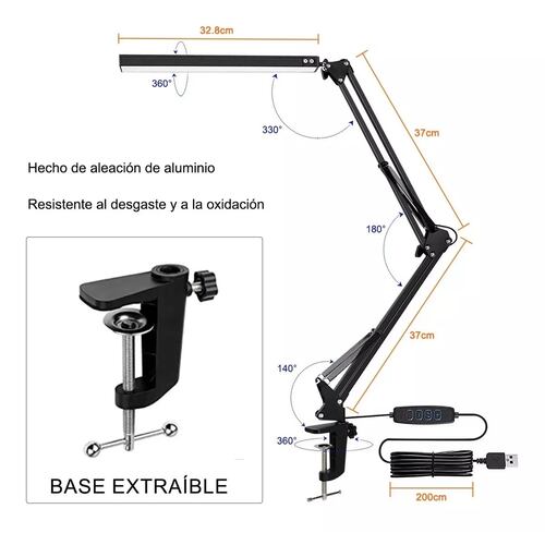 Lámpara De Escritorio Led Con Brazo Oscilante De 360, 3 Modo Negra
