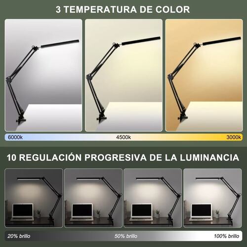 Lámpara De Escritorio Led Con Brazo Oscilante De 360, 3 Modo Negra